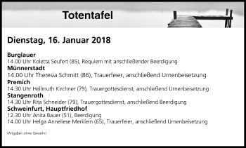 Anzeige von Totentafel vom 16.01.2018 von MGO