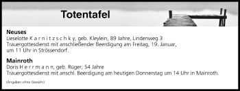 Anzeige von Totentafel vom 18.01.2018 von MGO
