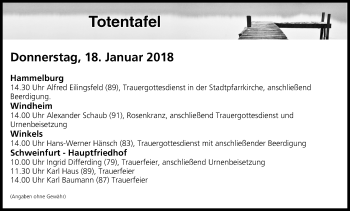 Anzeige von Totentafel vom 18.01.2018 von MGO