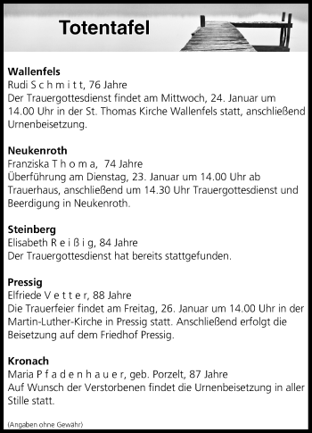 Anzeige von Totentafel vom 23.01.2018 von MGO