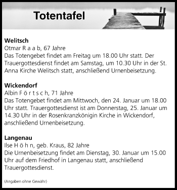 Anzeige von Totentafel vom 24.01.2018 von MGO