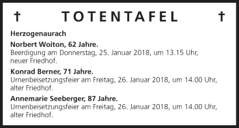 Anzeige von Totentafel vom 24.01.2018 von MGO