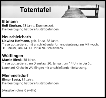 Anzeige von Totentafel vom 30.01.2018 von MGO