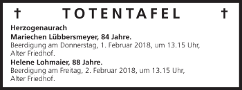 Anzeige von Totentafel vom 30.01.2018 von MGO