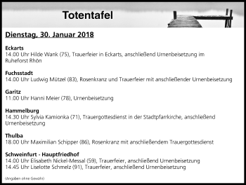 Anzeige von Totentafel vom 30.01.2018 von MGO