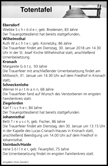 Anzeige von Totentafel vom 30.01.2018 von MGO