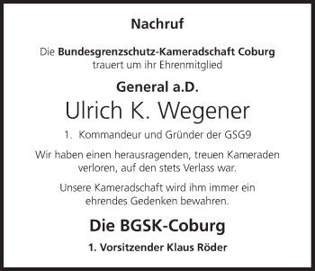 Anzeige von Ulrich K. Wegener von MGO