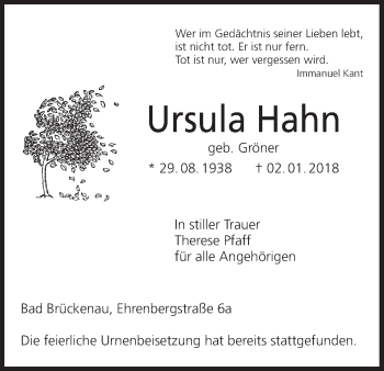 Anzeige von Ursula Hahn von MGO