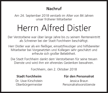 Anzeige von Alfred Distler von MGO