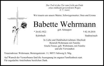Anzeige von Babette Wehrmann von MGO
