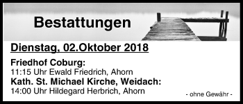Anzeige von Bestattungen vom 02.10.2018 von MGO