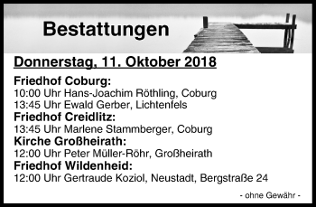 Anzeige von Bestattungen vom 11.10.2018 von MGO