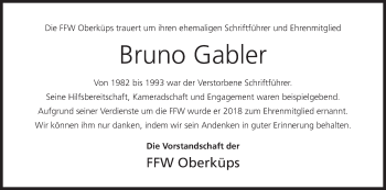 Anzeige von Bruno Gabler von MGO