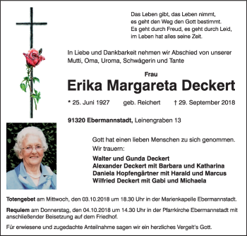 Anzeige von Erika Margareta Deckert von MGO