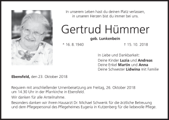Anzeige von Gertrud Hümmer von MGO