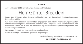 Anzeige von Günter Brecklein von MGO