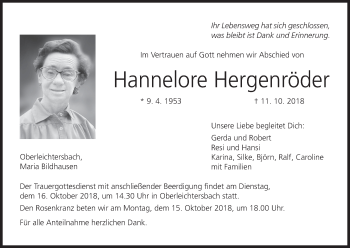 Anzeige von Hannelore Hergenröder von MGO