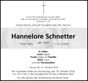 Anzeige von Hannelore Schnetter von MGO