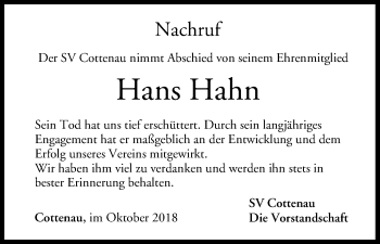 Anzeige von Hans Hahn von MGO