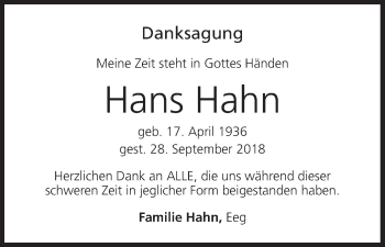 Anzeige von Hans Hahn von MGO