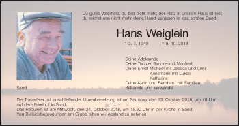 Anzeige von Hans Weiglein von MGO