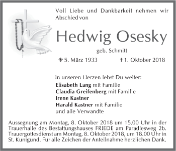 Anzeige von Hedwig Osesky von MGO