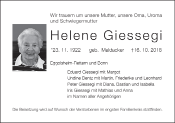 Anzeige von Helene Giessegi von MGO