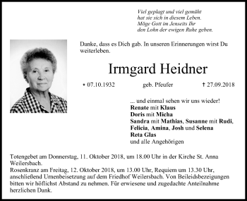Anzeige von Irmgard Heidner von MGO