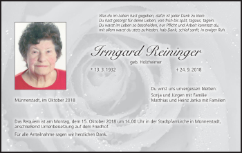 Anzeige von Irmgard Reininger von MGO
