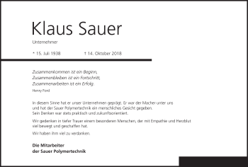 Anzeige von Klaus Sauer von MGO