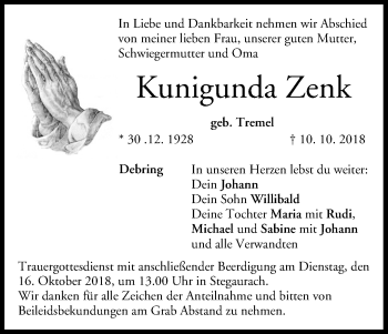 Anzeige von Kunigunda Zenk von MGO