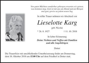 Anzeige von Lieselotte Karg von MGO
