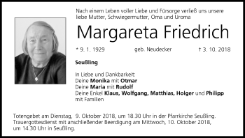 Anzeige von Margareta Friedrich von MGO