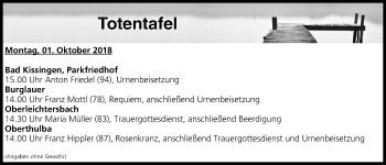 Anzeige von Totentafel vom 01.10.2018 von MGO