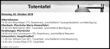 Anzeige von Totentafel vom 02.10.2018 von MGO