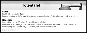 Anzeige von Totentafel vom 03.10.2018 von MGO