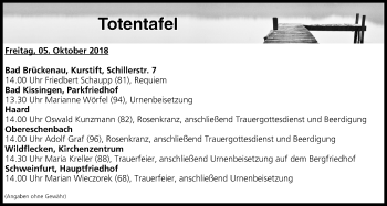 Anzeige von Totentafel vom 05.10.2018 von MGO