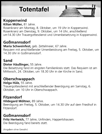 Anzeige von Totentafel vom 05.10.2018 von MGO