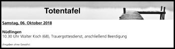 Anzeige von Totentafel vom 06.10.2018 von MGO