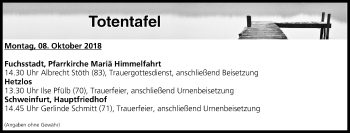 Anzeige von Totentafel vom 08.10.2018 von MGO