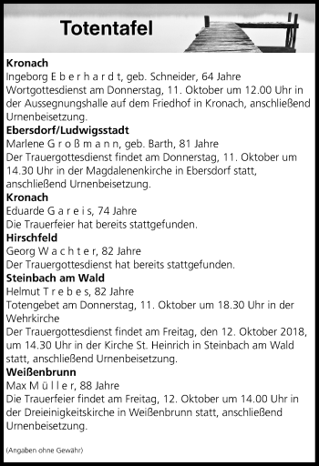 Anzeige von Totentafel vom 11.10.2018 von MGO