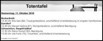 Anzeige von Totentafel vom 11.10.2018 von MGO