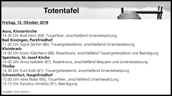 Anzeige von Totentafel vom 12.10.2018 von MGO