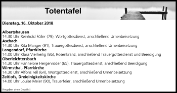 Anzeige von Totentafel vom 16.10.2018 von MGO