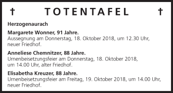 Anzeige von Totentafel vom 16.10.2018 von MGO