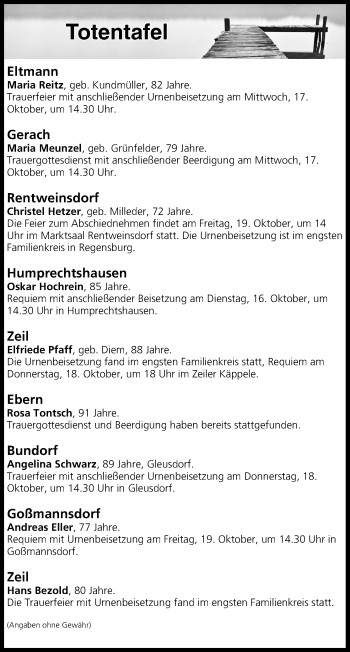 Anzeige von Totentafel vom 16.10.2018 von MGO