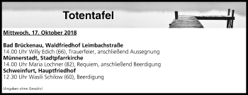 Anzeige von Totentafel vom 17.10.2018 von MGO