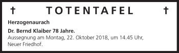 Anzeige von Totentafel vom 22.10.2018 von MGO