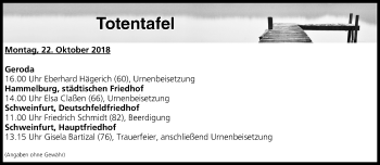 Anzeige von Totentafel vom 22.10.2018 von MGO