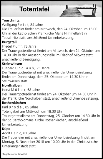 Anzeige von Totentafel vom 23.10.2018 von MGO